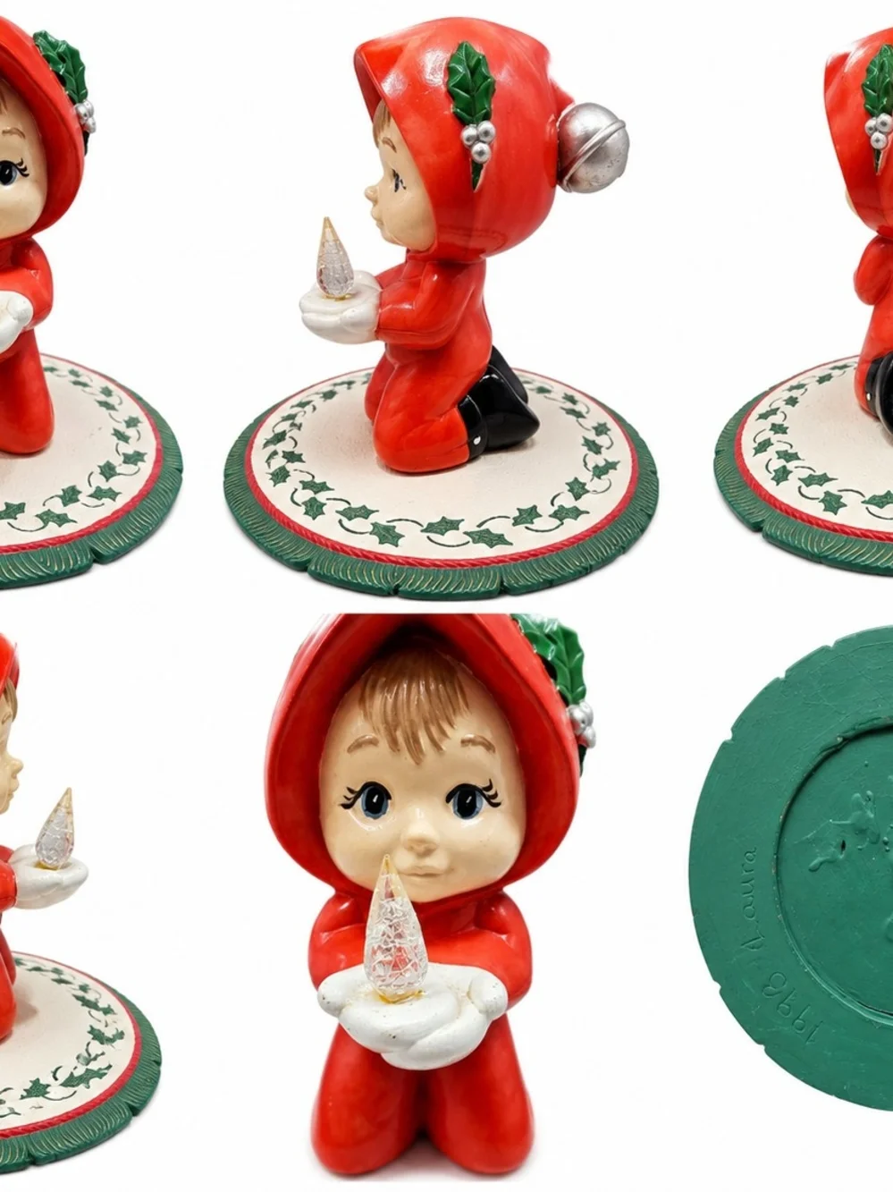 Red Hooded Vintage-Style Ceramic Figurine Holding Candle